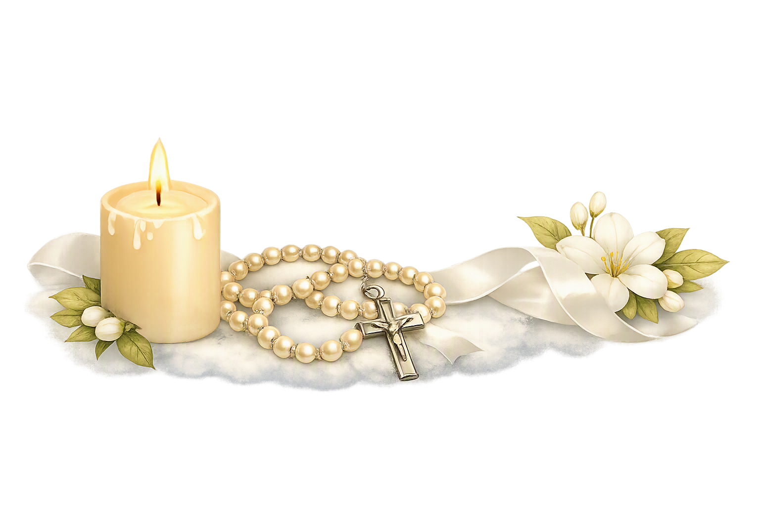Vela encendida con rosario y flores